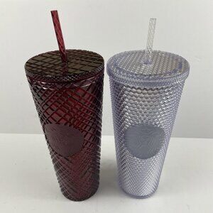 Starbucks Jeweled Venti 24oz Tumbler Red Silver w/Staw Lot Of 2